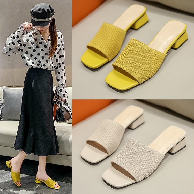 Summer Korean Style Fly-Knit Slippers For Women, Square Toe, Thick Heel, Fashionable Sandals - Image 2